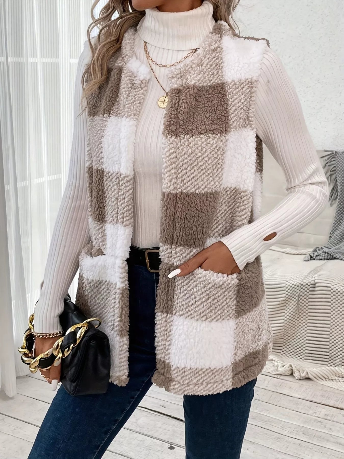 Plaid Sherpa Vest Coat with Pockets Easy Apparels