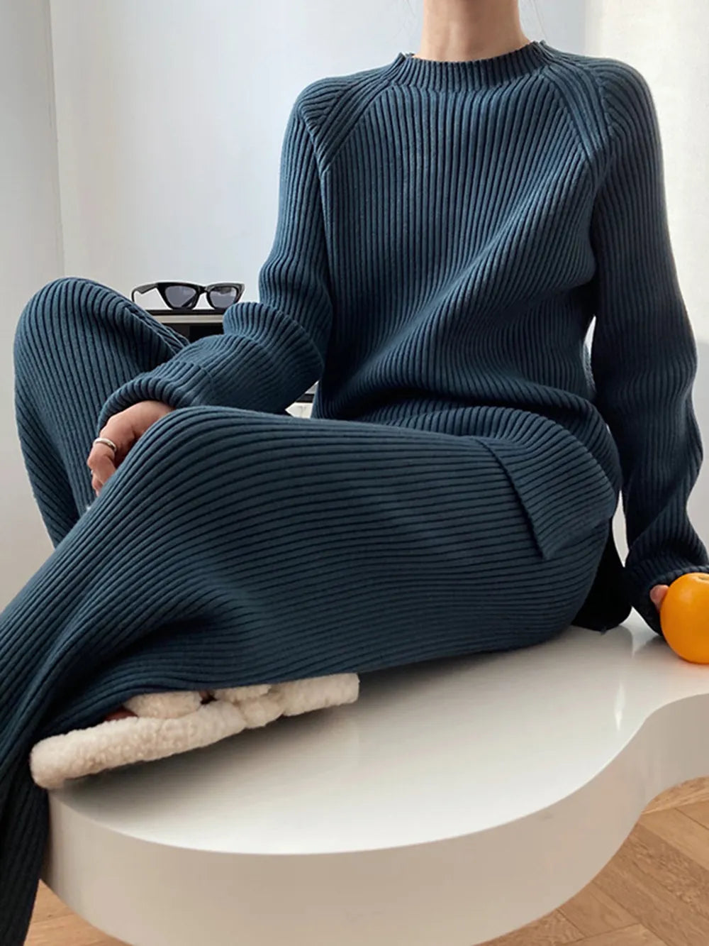 Mock Neck Raglan Sleeve Top and Pants Sweater Set Easy Apparels