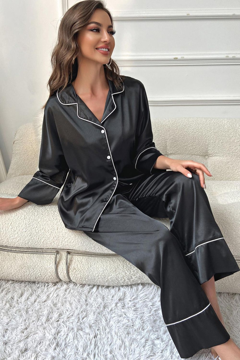 Contrast Piping Button-Up Top and Pants Pajama Set Easy Apparels