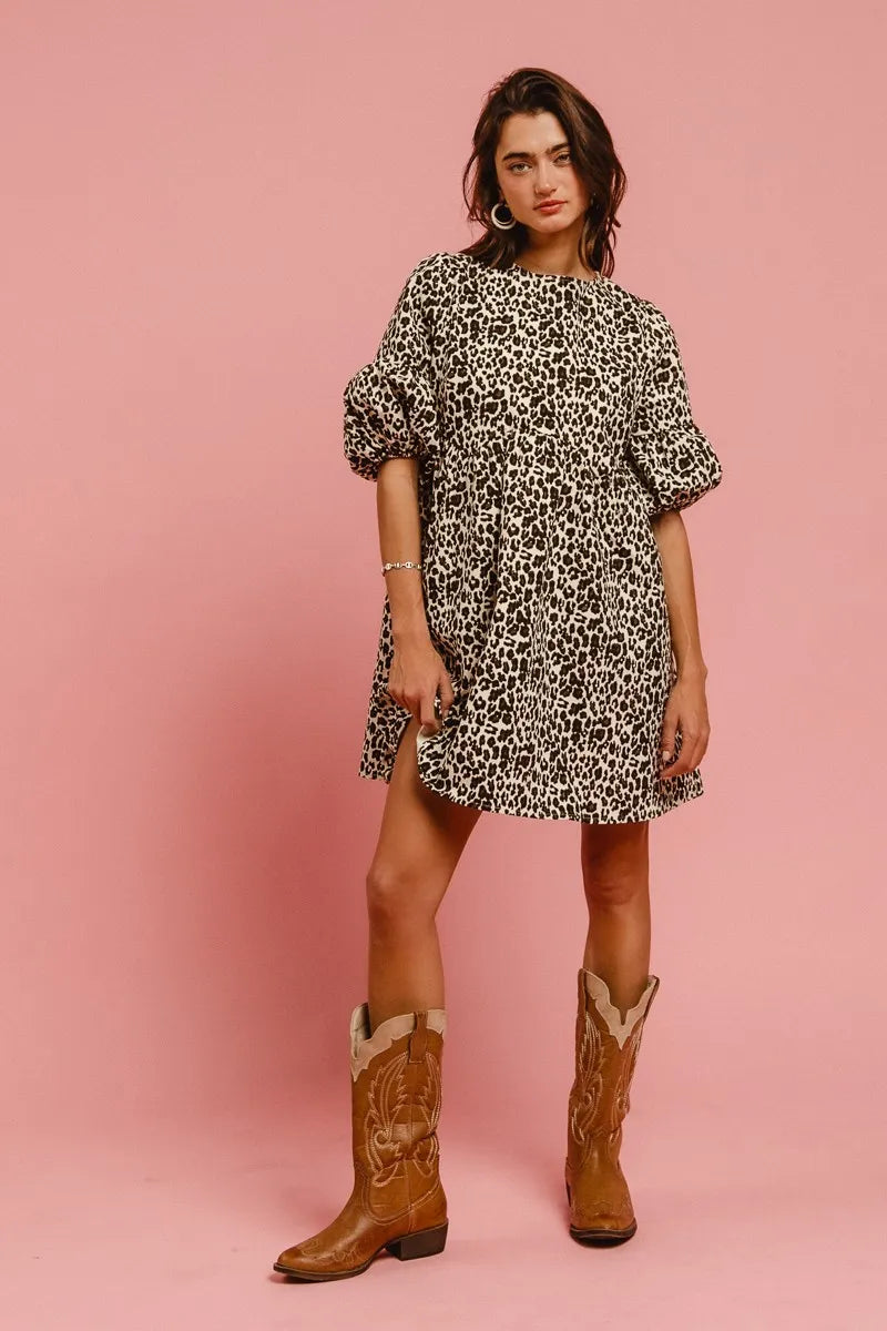 BiBi Leopard Denim Dress With Back Contrast Tie Detail Easy Apparels