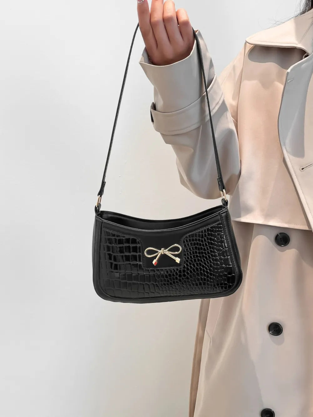 Crocodile Pattern Shoulder Bag with Bow Detail Easy Apparels