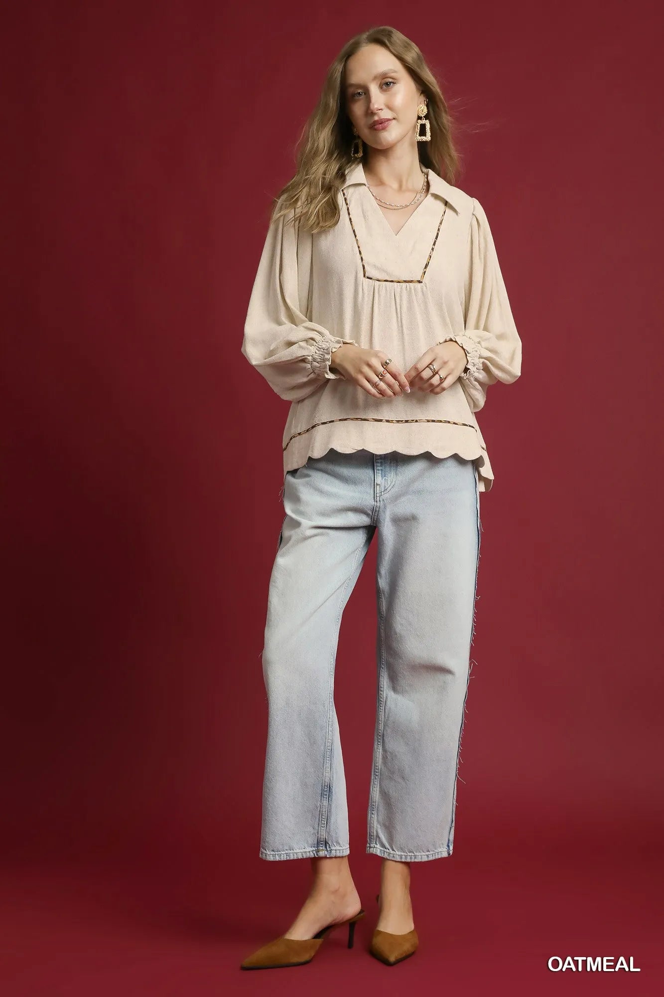 Umgee Full Size Linen Scallop Hem Blouse with Contrast Trim Plus Size Easy Apparels