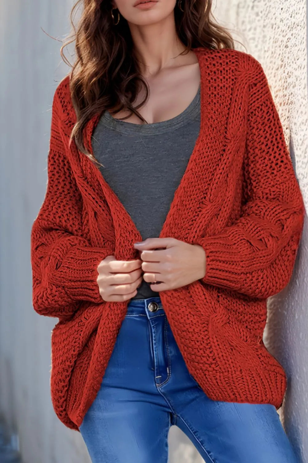 Cable-Knit Open Front Cardigan Burgundy Easy Apparels