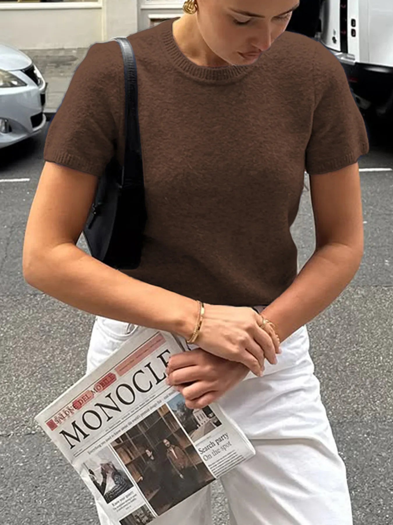Trendsi Round Neck Short Sleeve Sweater Brown