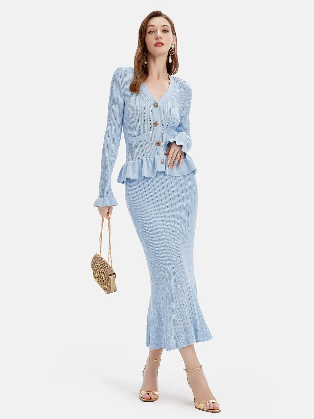 Ruffled V-Neck Top and Midi Skirt Sweater Set Light Blue One Size Easy Apparels