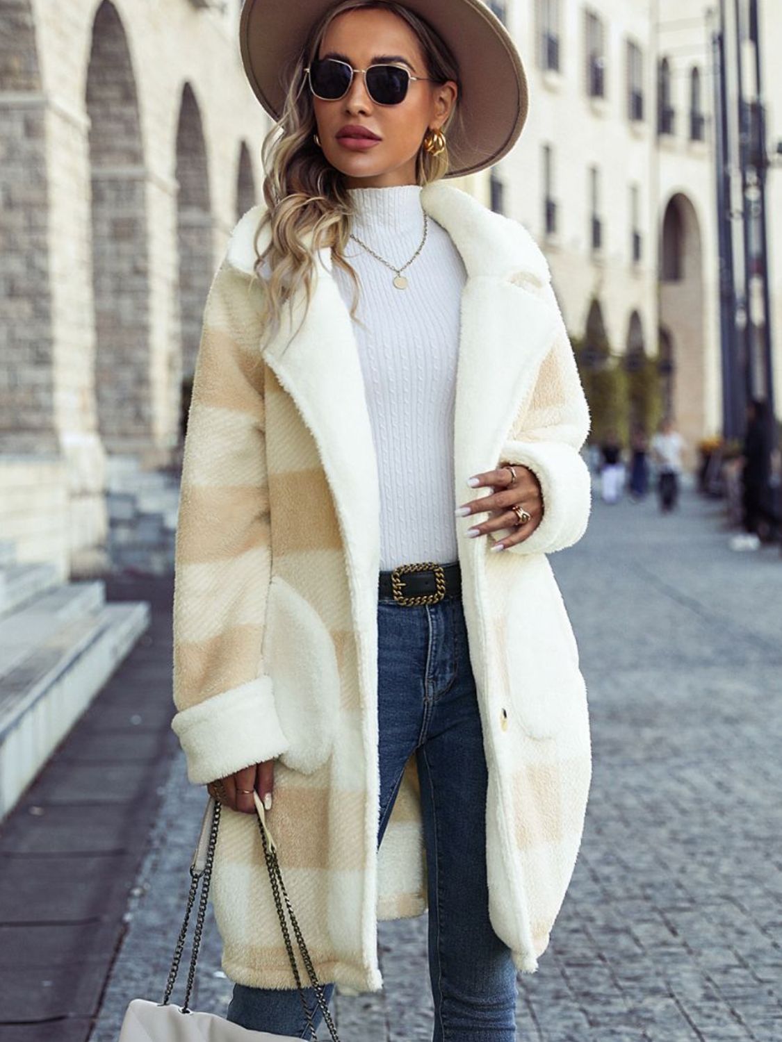 Plaid Button Down Coat with Pockets Beige Easy Apparels