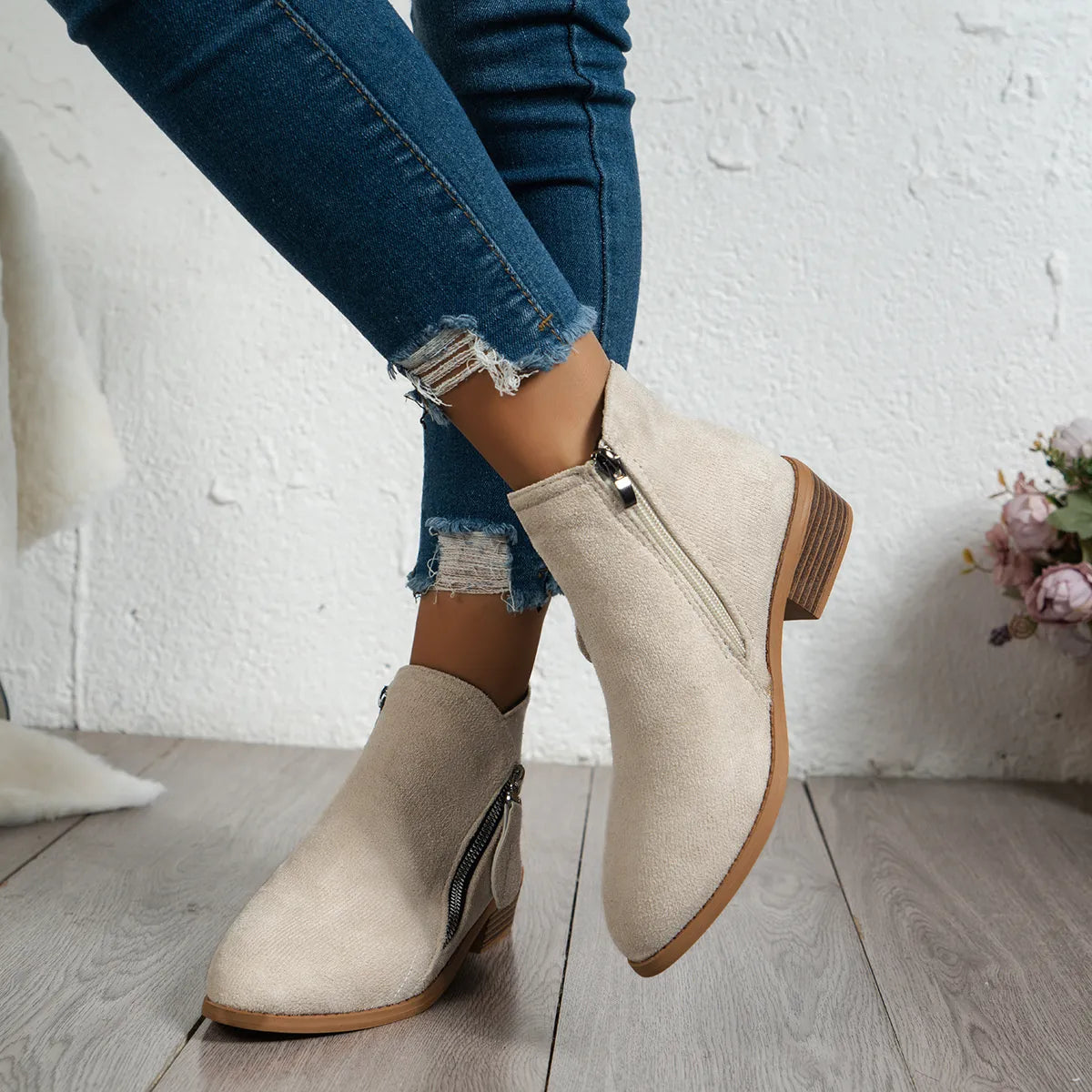 Side Zip Ankle Boots with Block Heel Easy Apparels