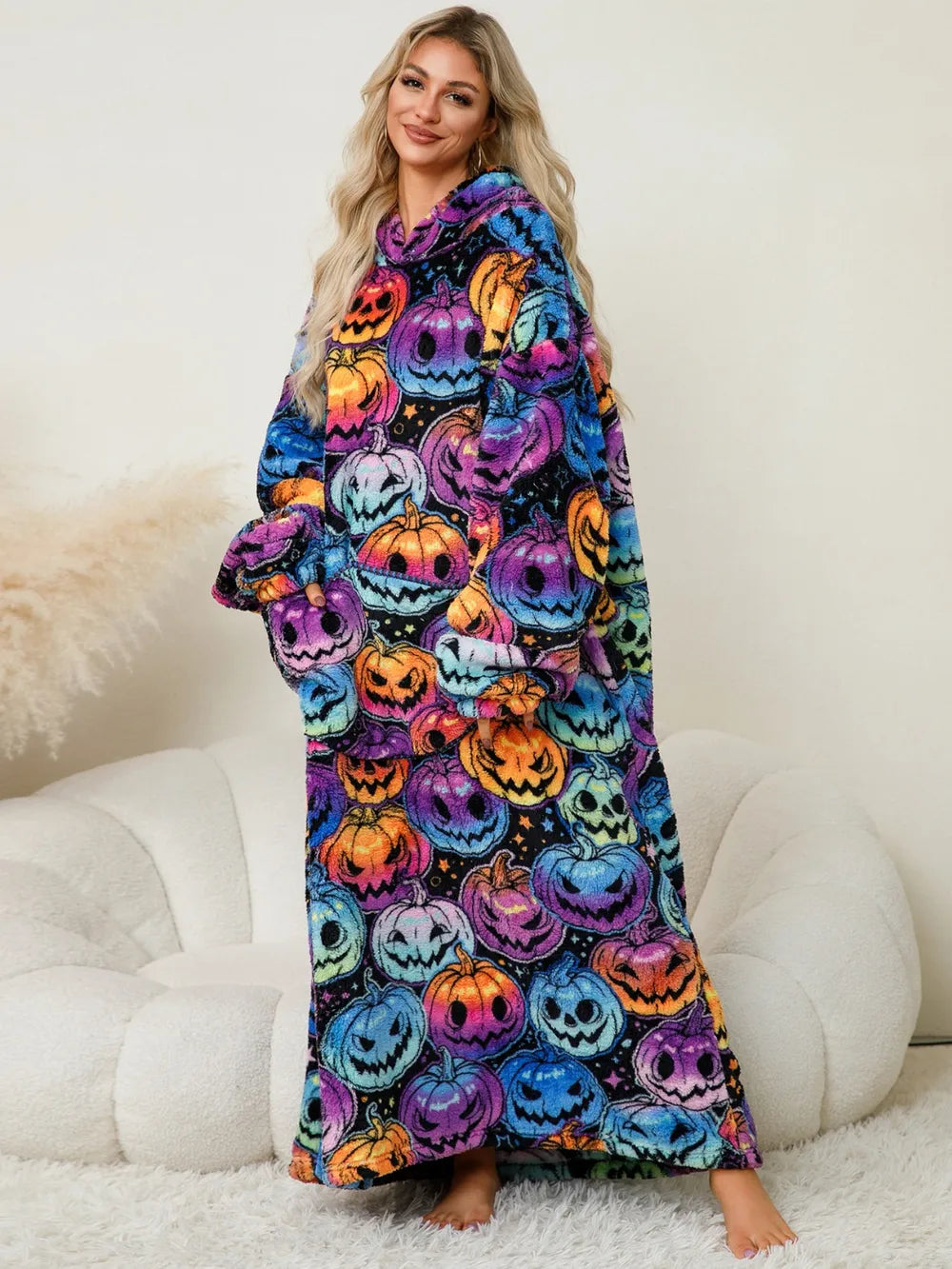 Fuzzy Pocketed Long Sleeve Hooded Lounge Dress Easy Apparels