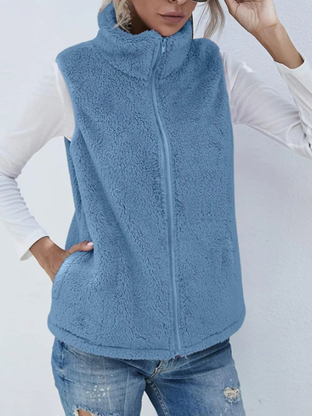 Full Size Fuzzy Zip Up Vest Coat with Pockets Blue Easy Apparels