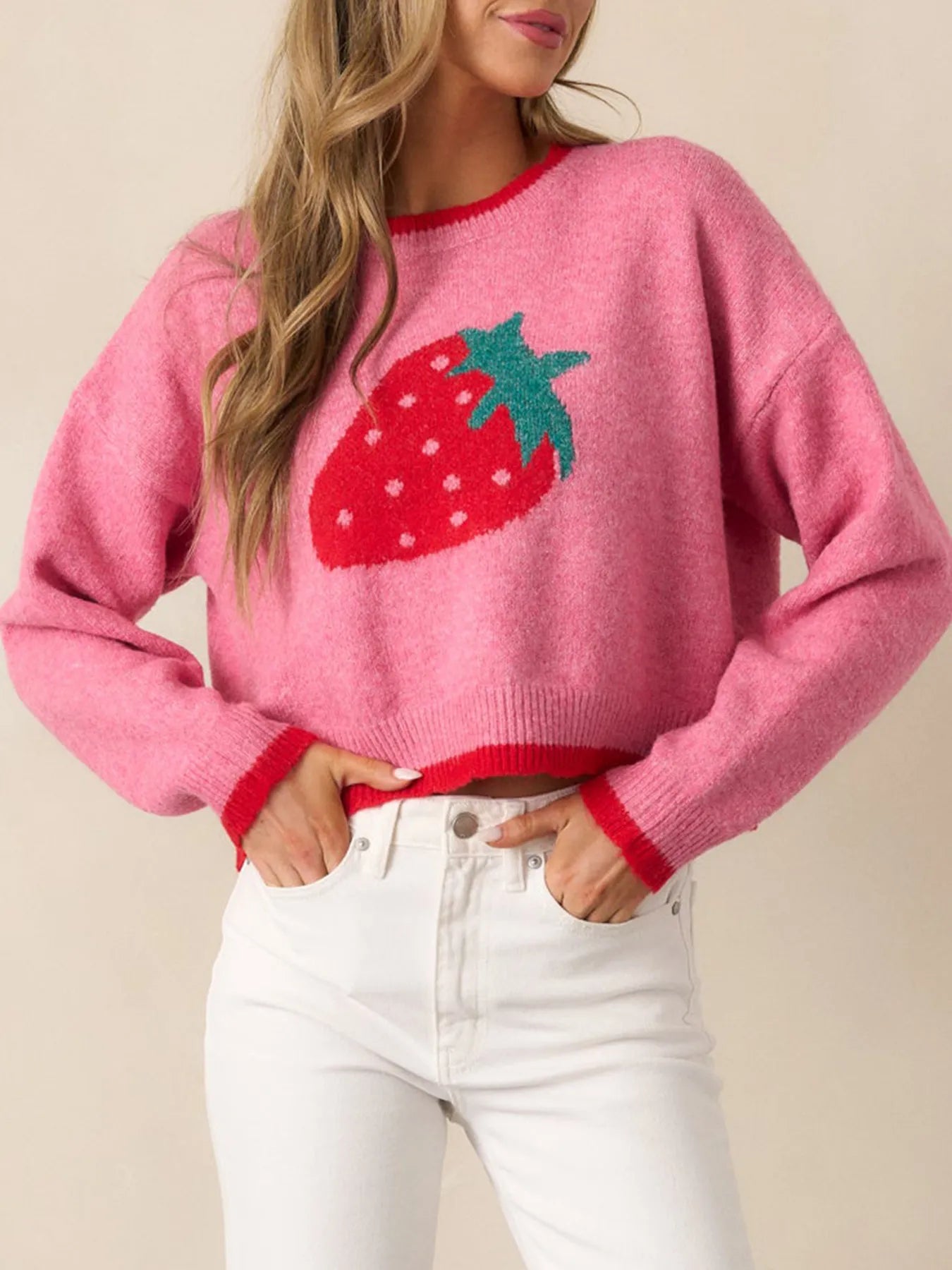 Trendsi Strawberry Round Neck Long Sleeve Sweater