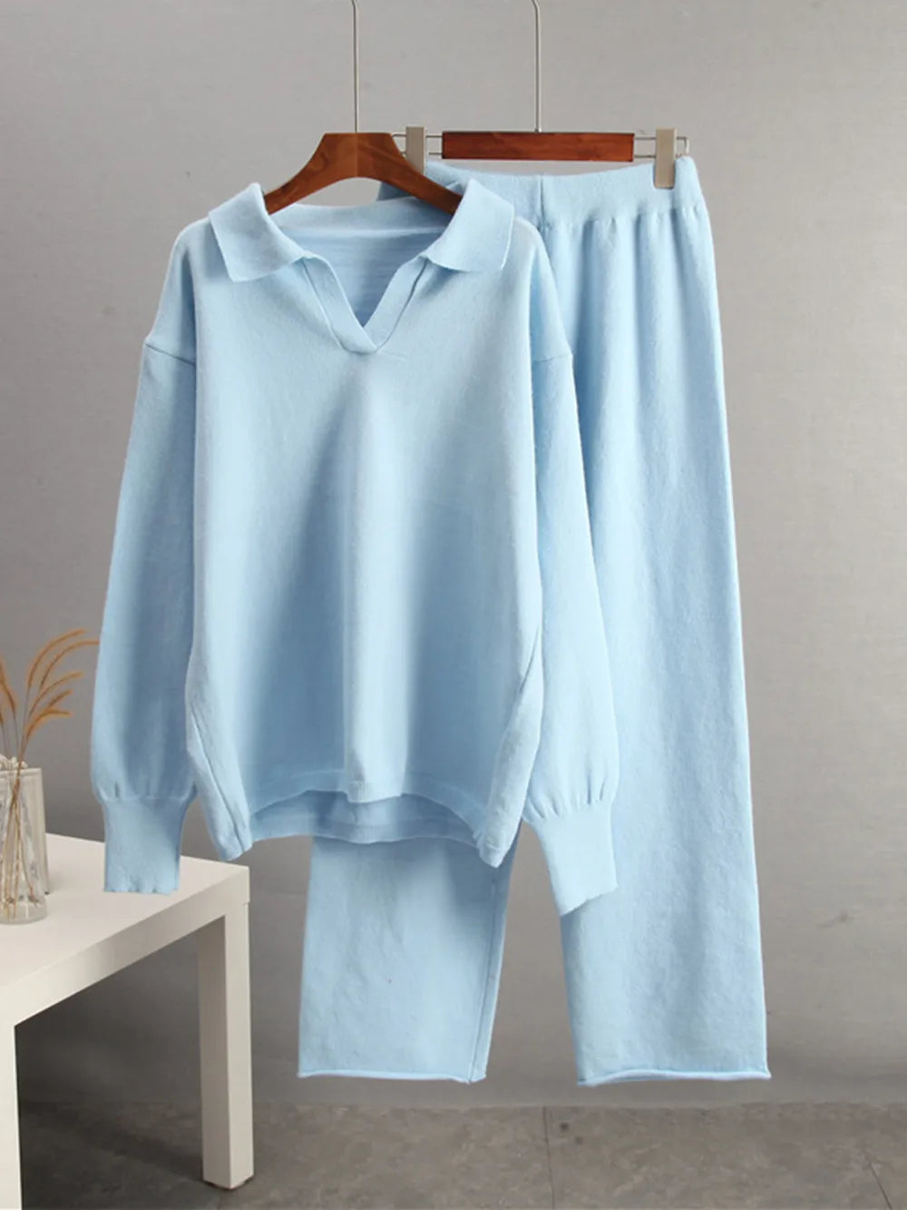 Johnny Collar Long Sleeve Top and Pants Sweater Set Easy Apparels