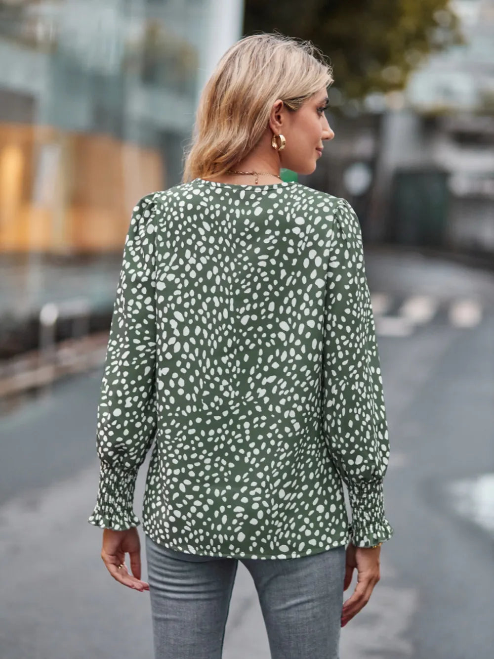 Trendsi Printed V-Neck Lantern Sleeve Blouse