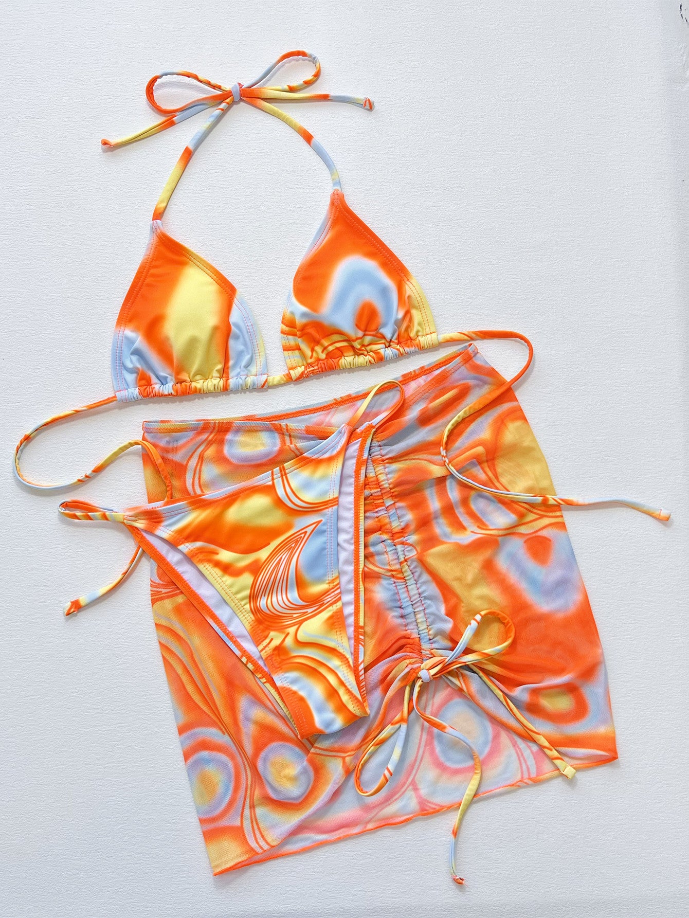 Multicolored Drawstring Ruched Three-Piece Swim Set Easy Apparels
