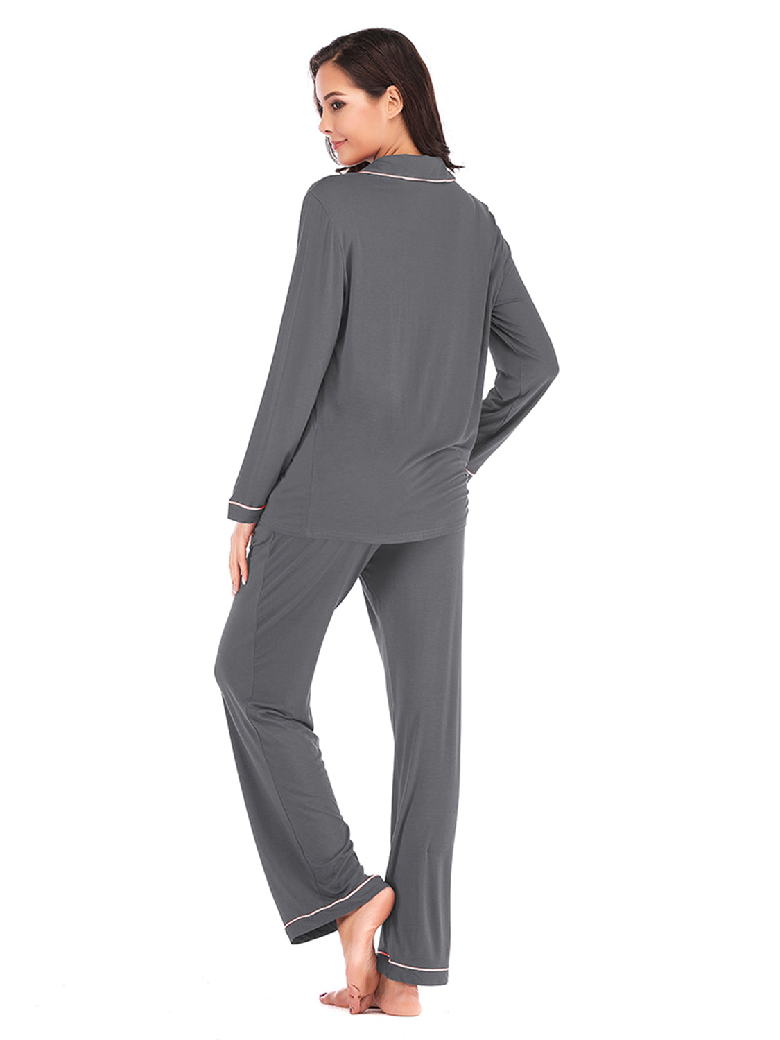 Collared Neck Long Sleeve Loungewear Set with Pockets Easy Apparels