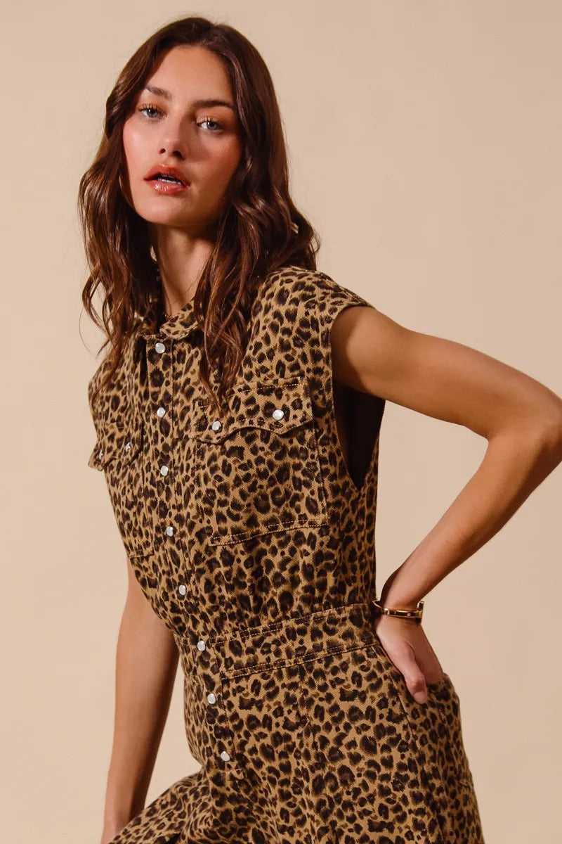 SO ME Wide Leg Leopard Twill Overalls Jumpsuit with Tuck Easy Apparels
