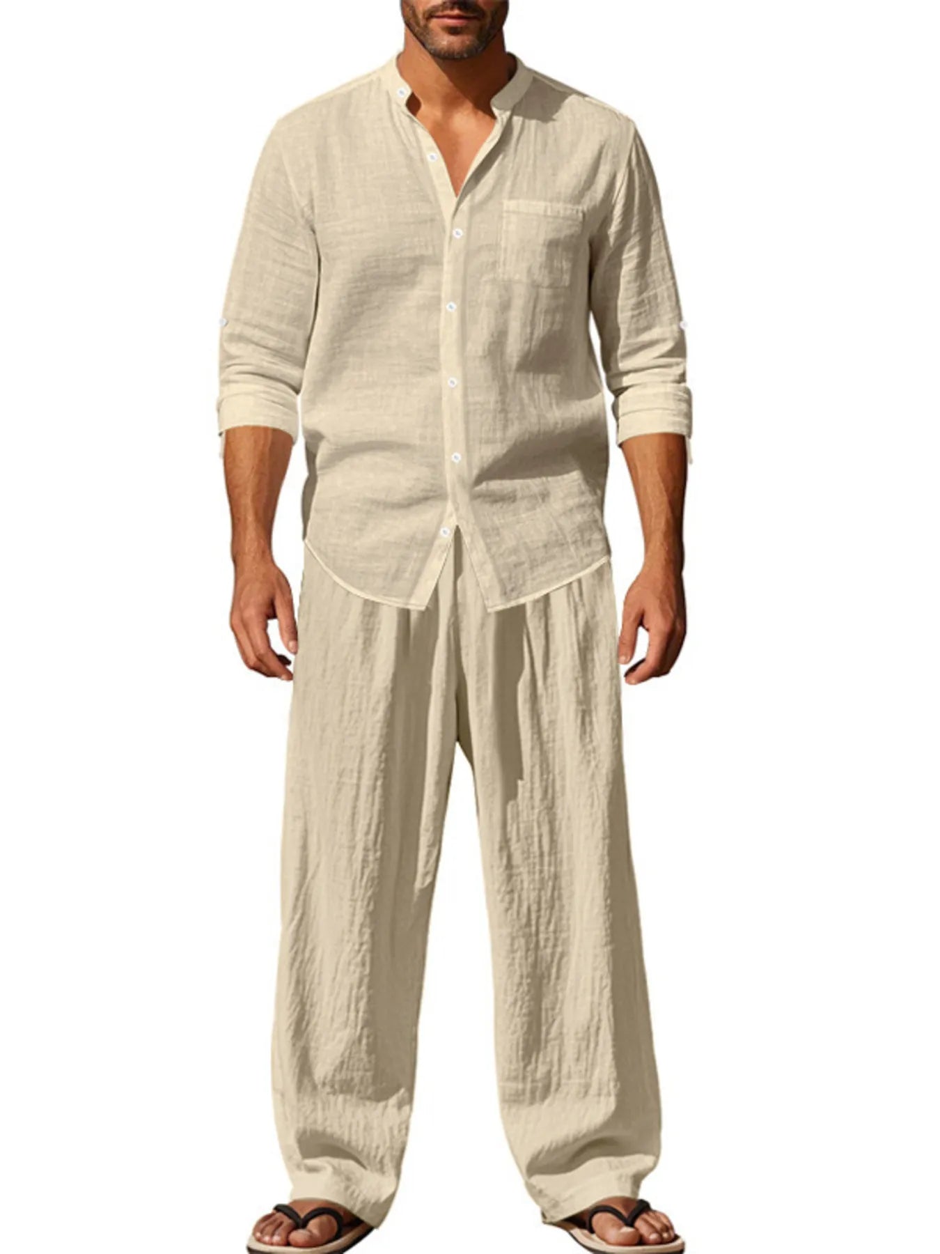Men's Full Size Button Up Shirt and Pants Set Plus Size Khaki Easy Apparels