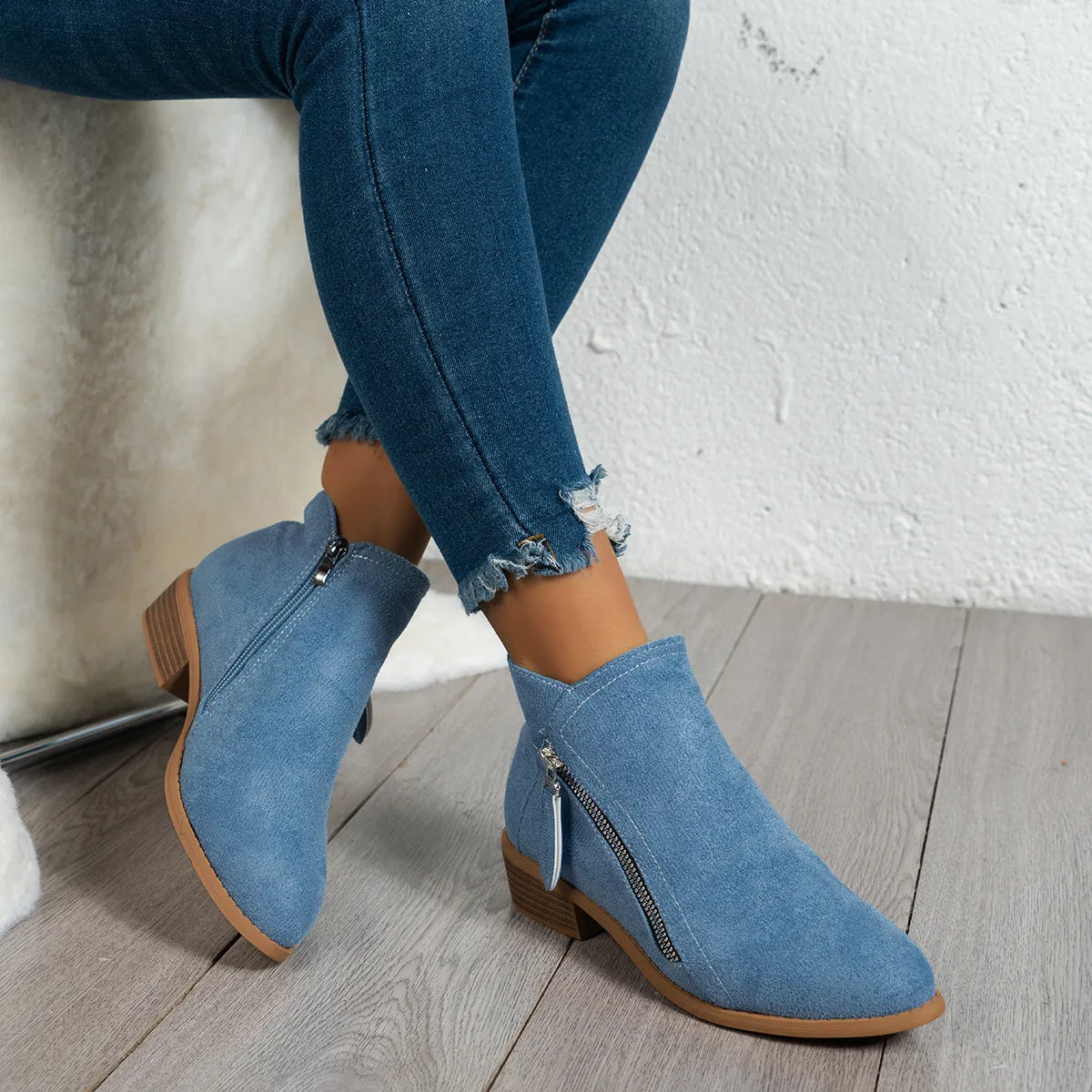 Side Zip Ankle Boots with Block Heel Blue Easy Apparels
