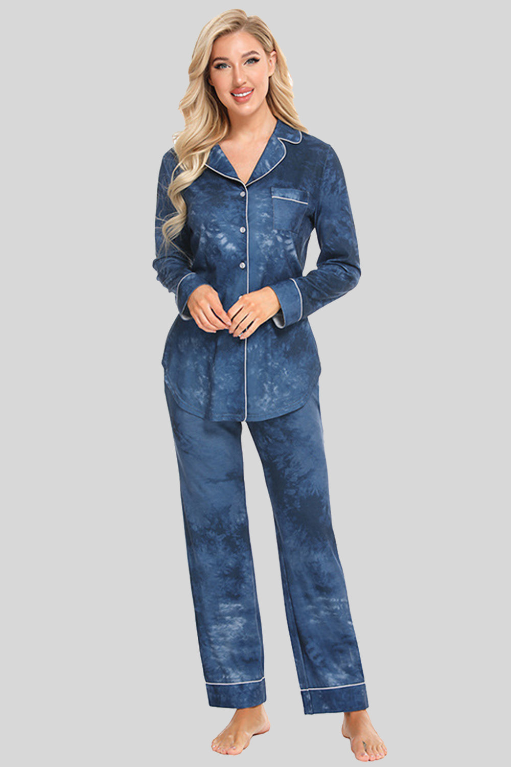 Collared Neck Long Sleeve Loungewear Set with Pockets French Blue Easy Apparels