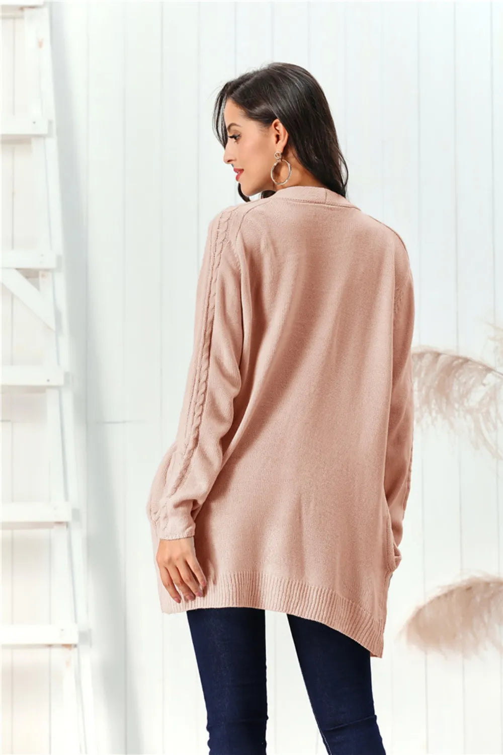 Cable-Knit Open Front Long Sleeve Cardigan Easy Apparels