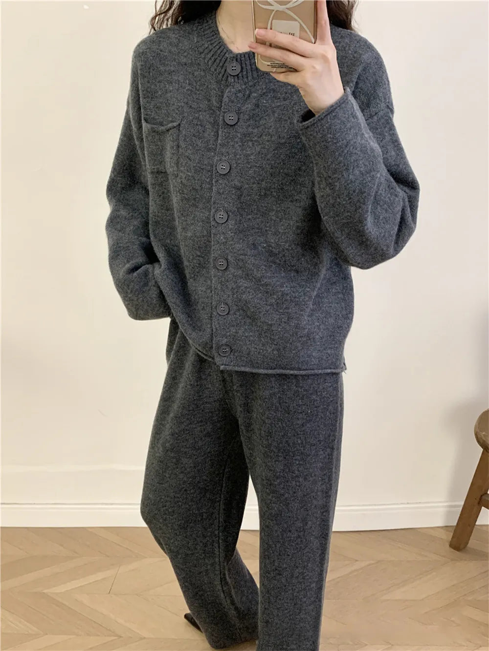 Pocketed Round Neck Button Up Cardigan and Pants Sweater Set Easy Apparels