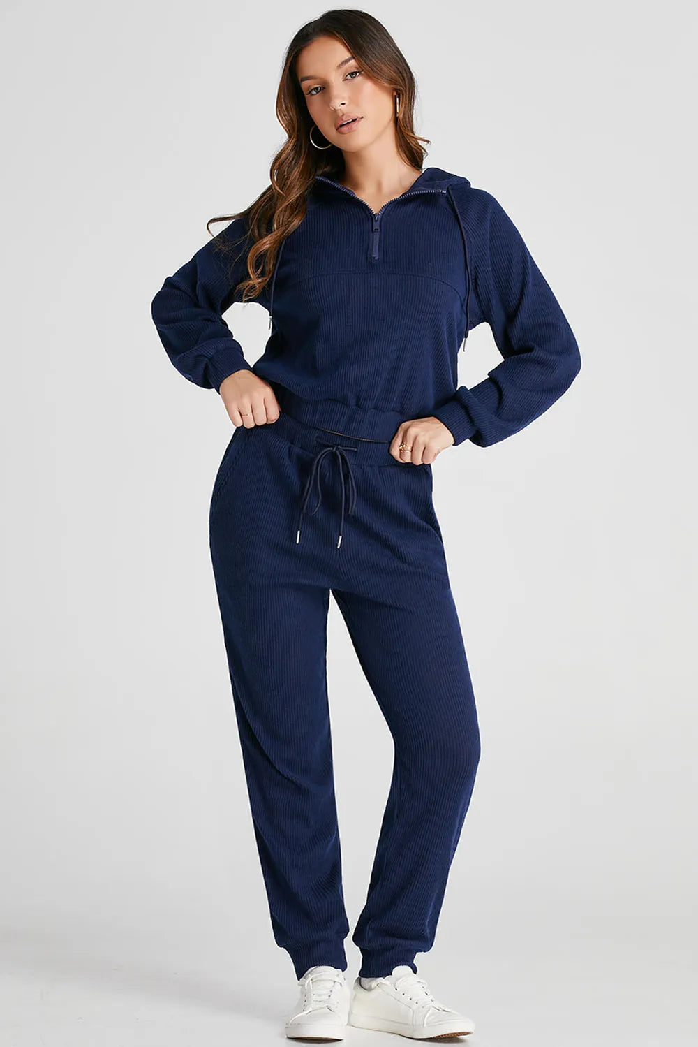 Drawstring Half Zip Hoodie and Joggers Active Set Easy Apparels