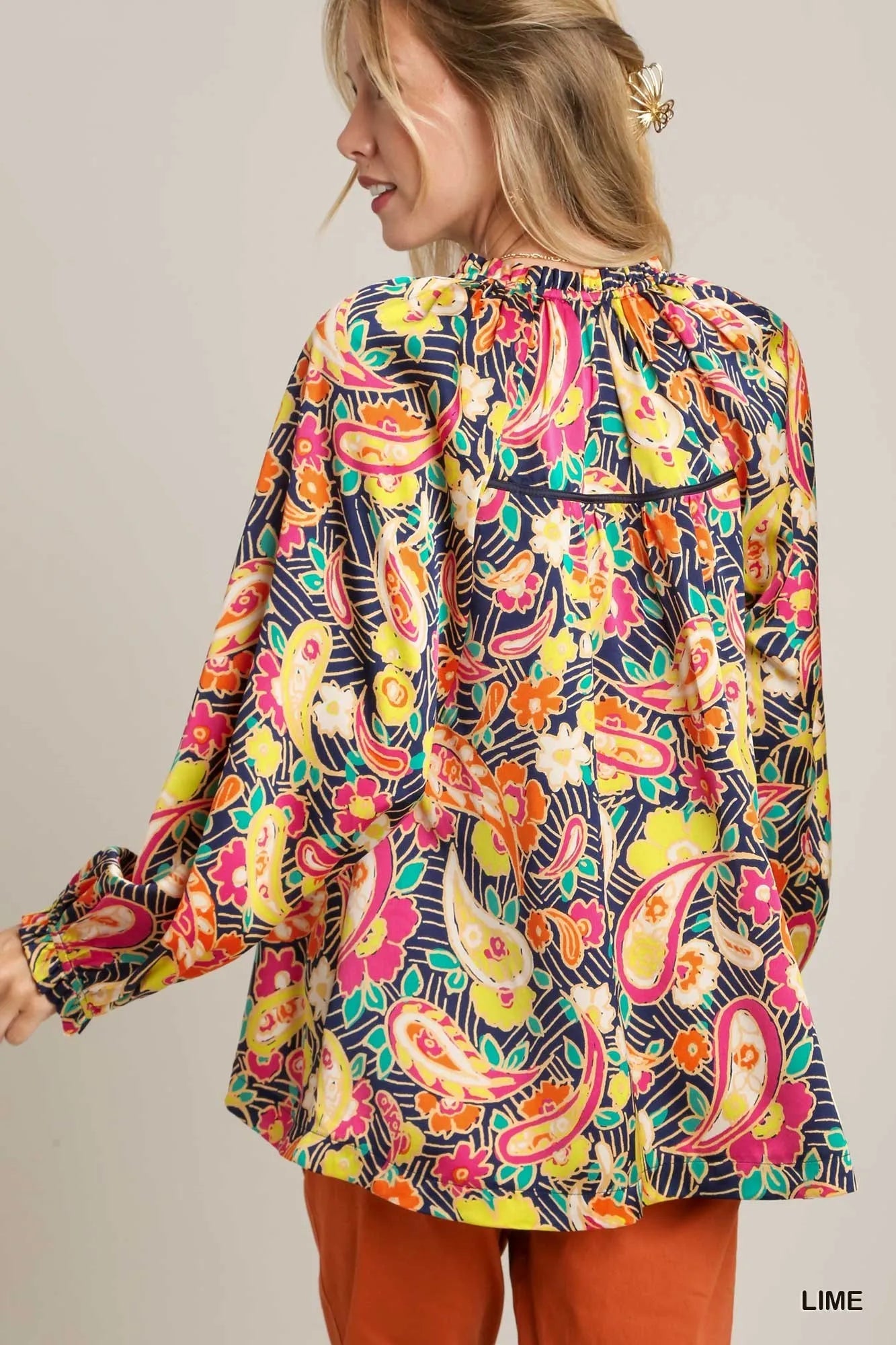 Trendsi Umgee Full Size Satin Paisley Ruffle Neck Button-Up Shirt Plus Size