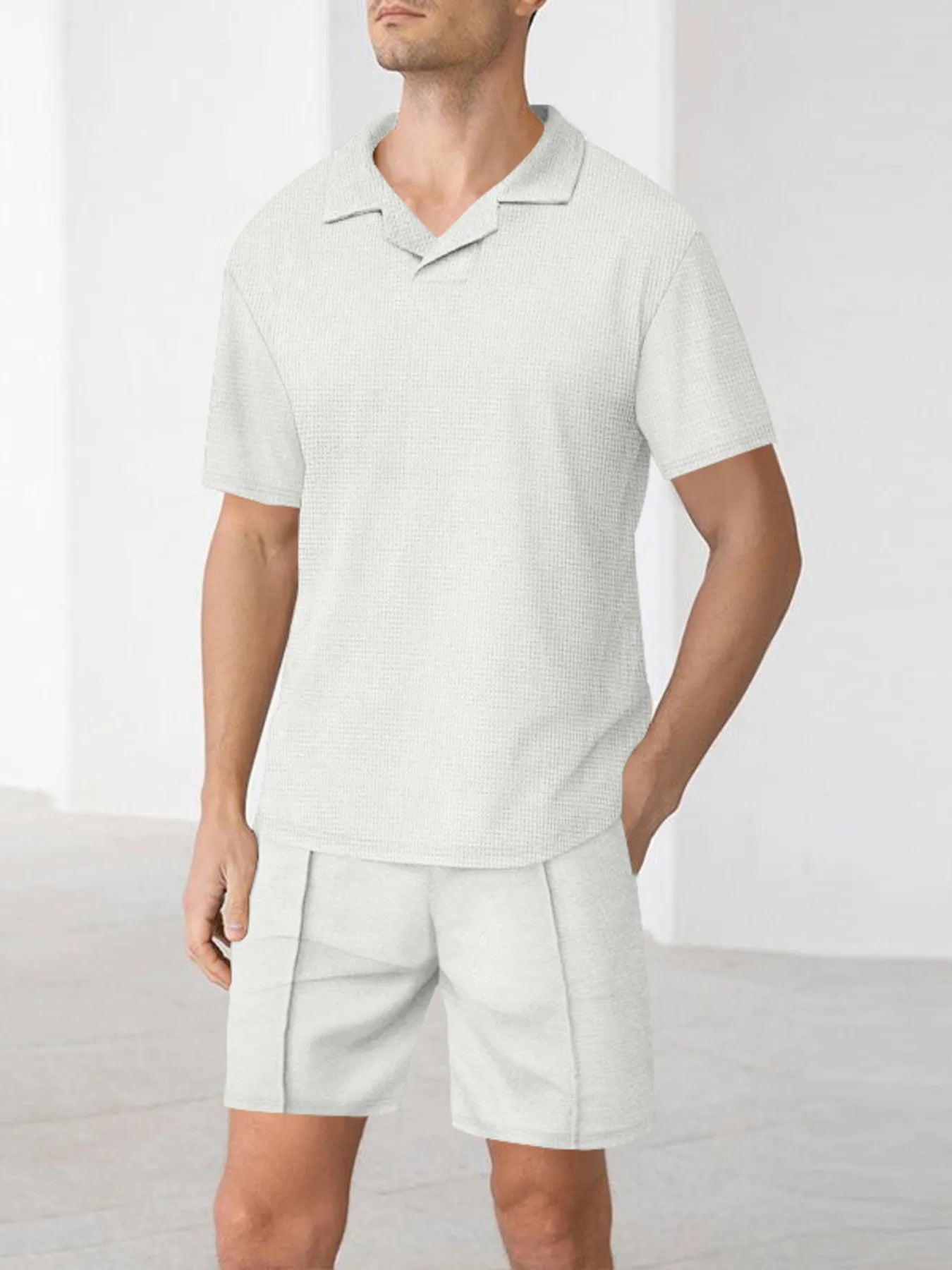 Men's Full Size Short Sleeve Top and Shorts Matching Set Plus Size White Easy Apparels