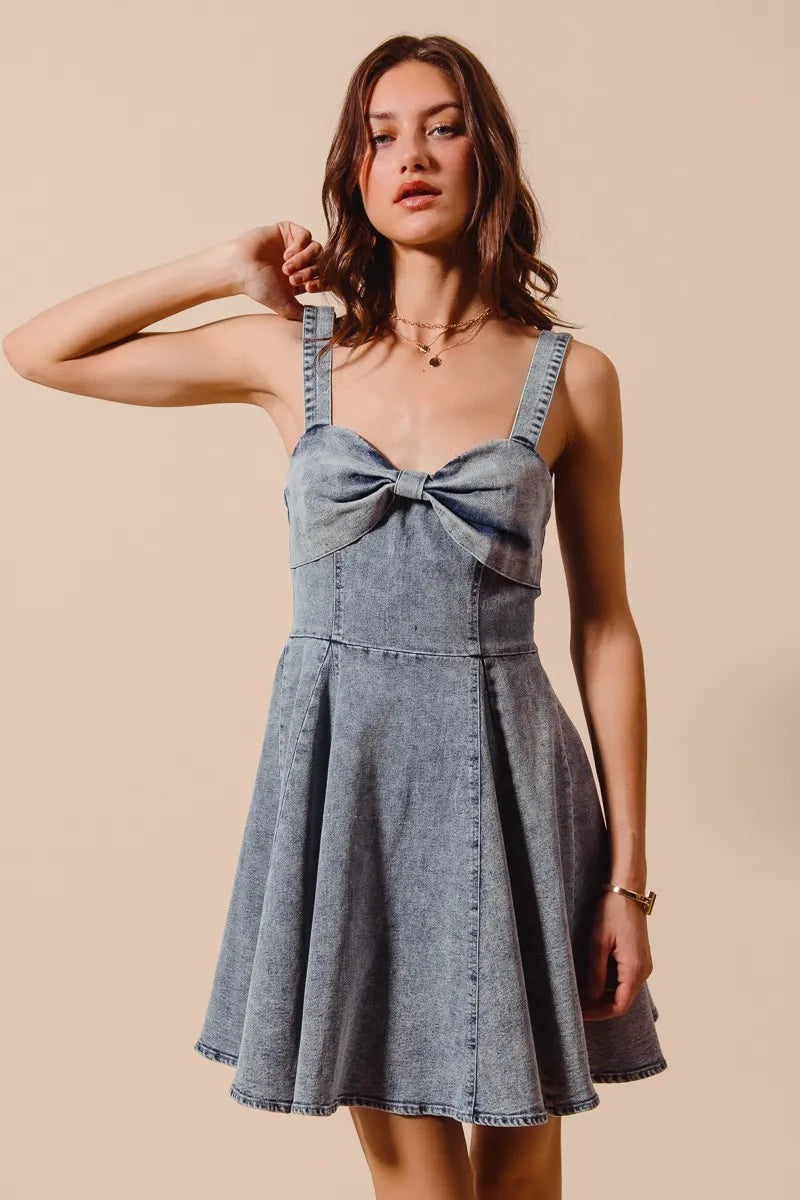 SO ME Mineral Washed Bow Ribbon Denim Flare Dress Easy Apparels