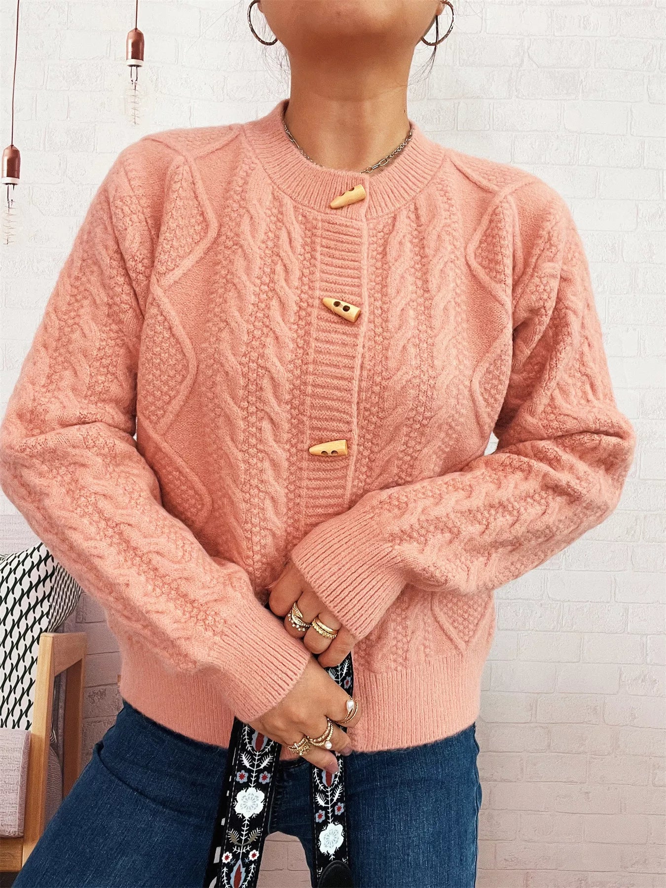 Cable Knit Button-Up Cardigan Easy Apparels