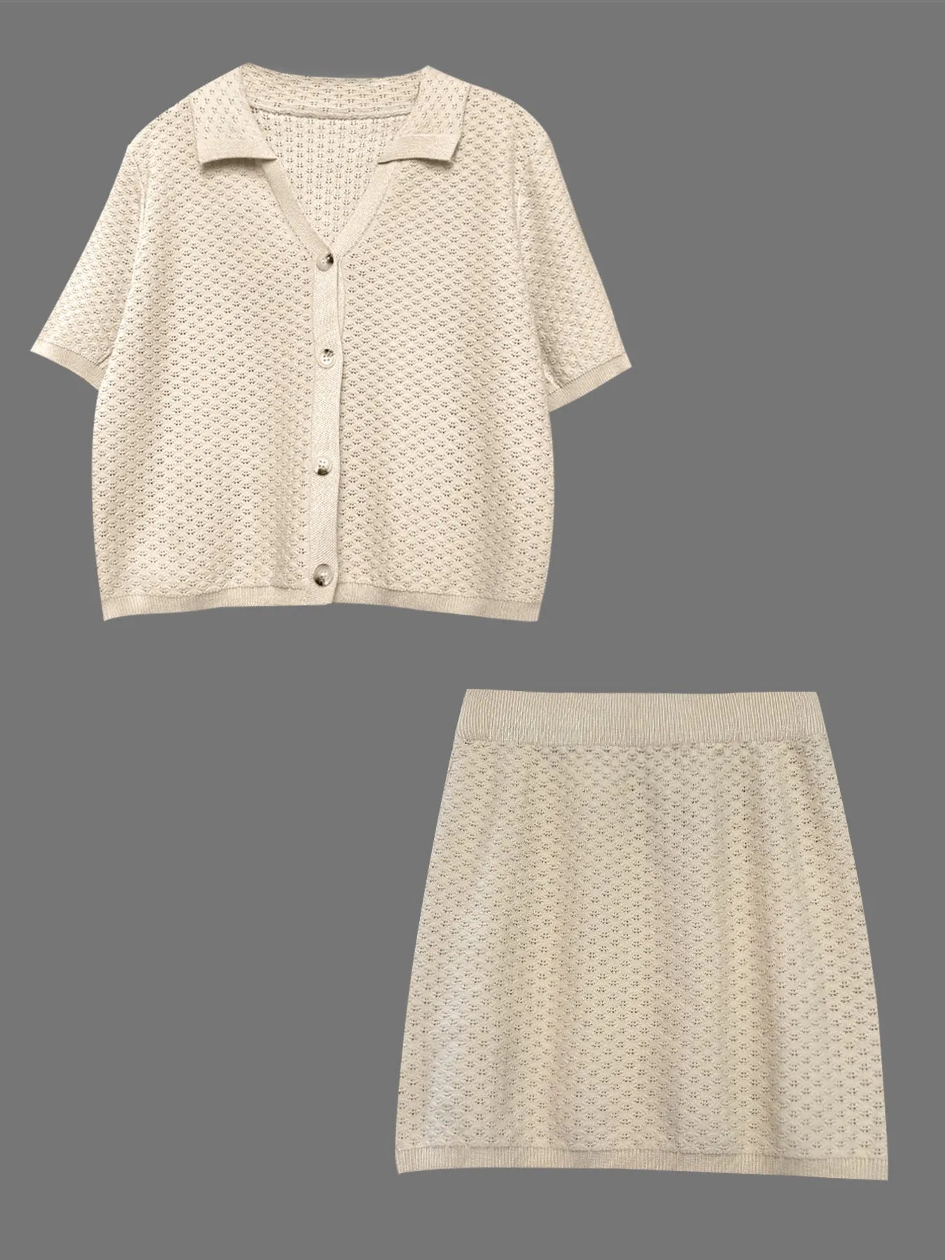 Openwork Button Up Top and Skirt Sweater Set Easy Apparels