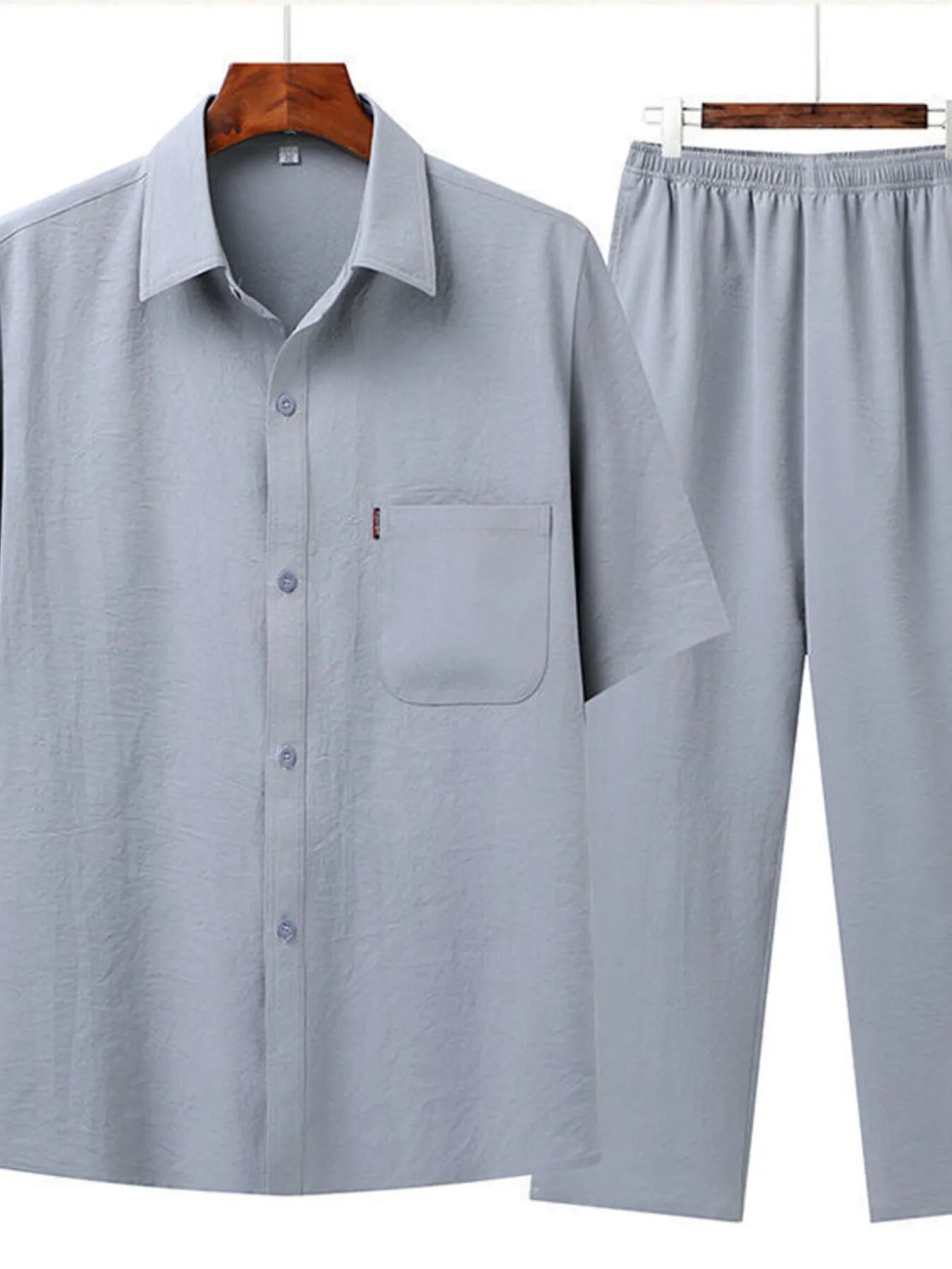 Men's Full Size Button Up Short Sleeve Shirt and Pants Set Plus Size Gray Easy Apparels