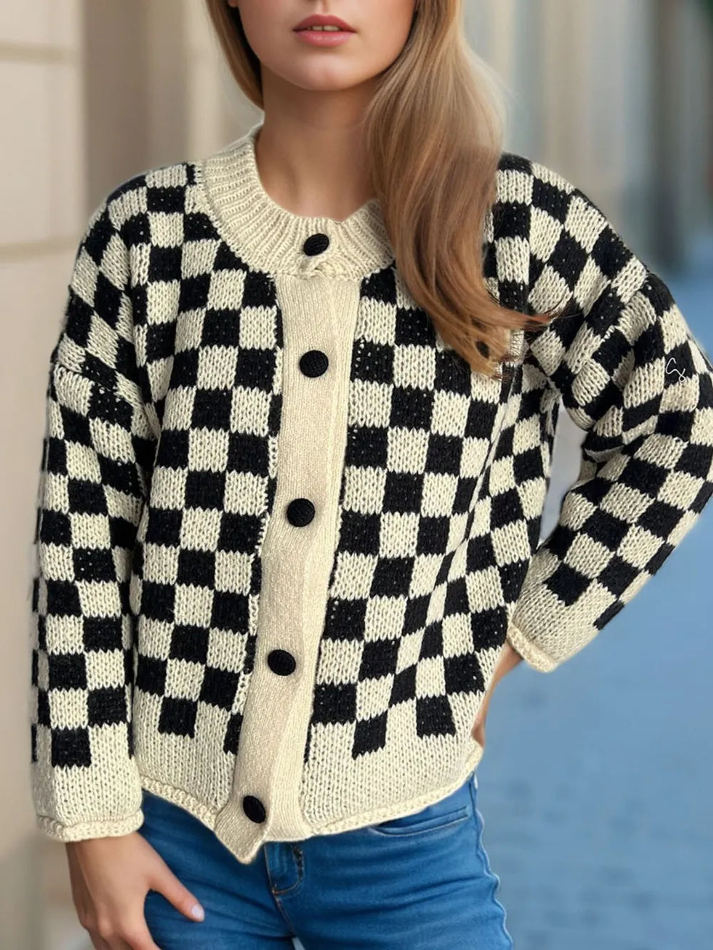 Checkered Button Up Round Neck Cardigan Easy Apparels