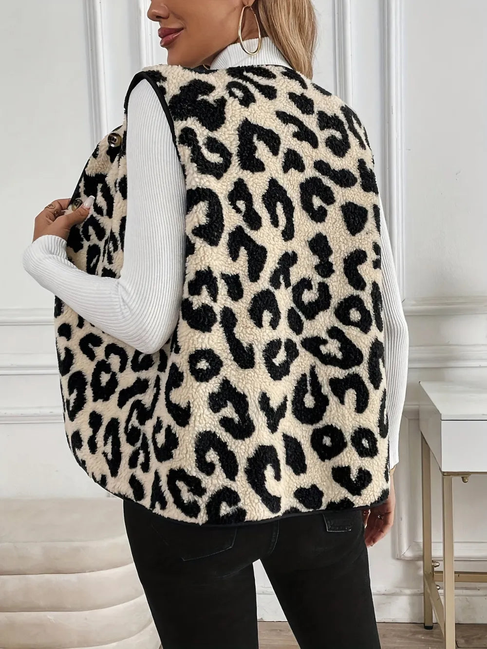 Leopard Button Up Sherpa Vest Easy Apparels