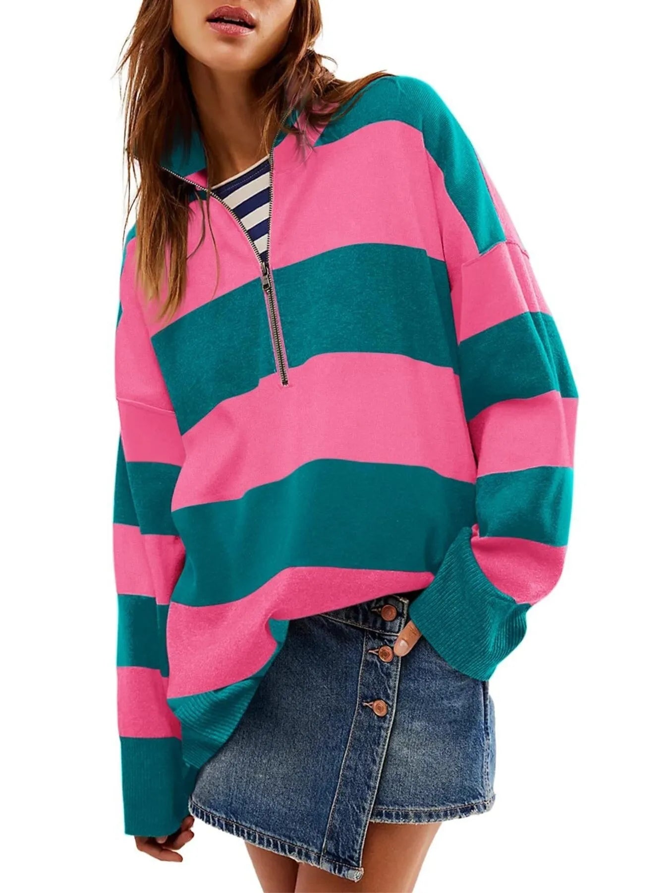Trendsi Striped Half-Zip Oversized Sweatshirt