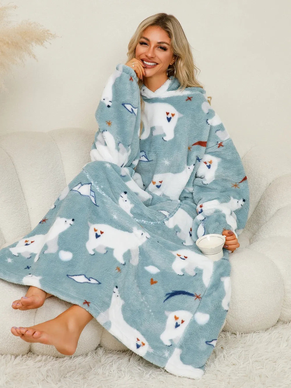 Fuzzy Pocketed Long Sleeve Hooded Lounge Dress Easy Apparels
