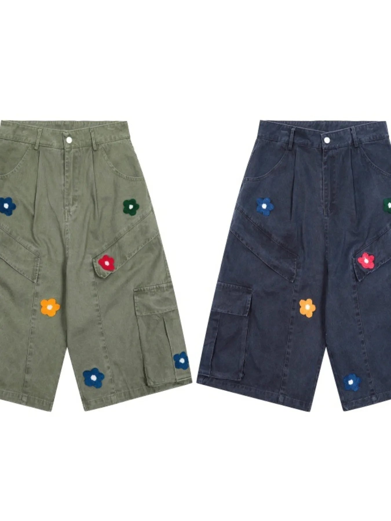 Men's Flower Embroidered Denim Cargo Shorts Easy Apparels
