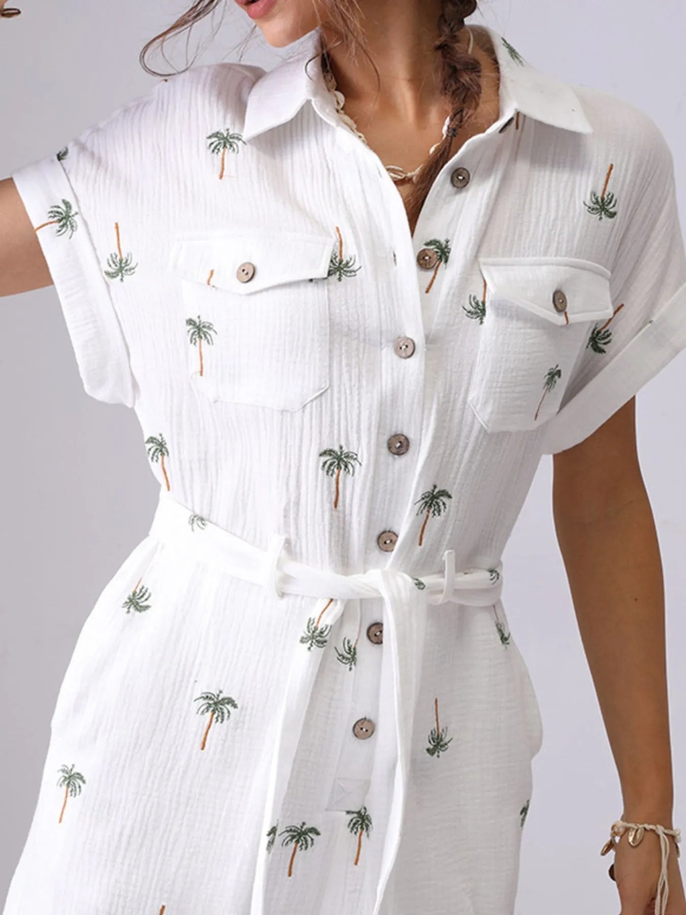 Palm Tree Print Short Sleeve Button-Up Romper with Belt Easy Apparels