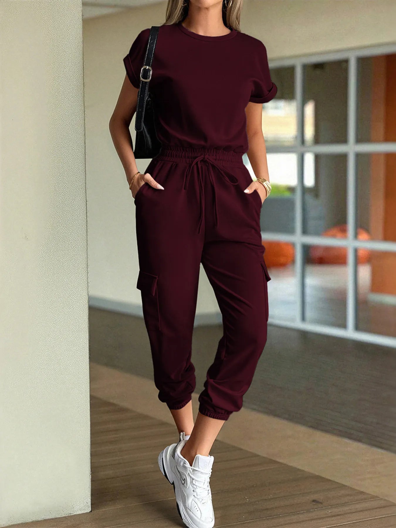 Round Neck Short Sleeve Top and Pants Set Easy Apparels