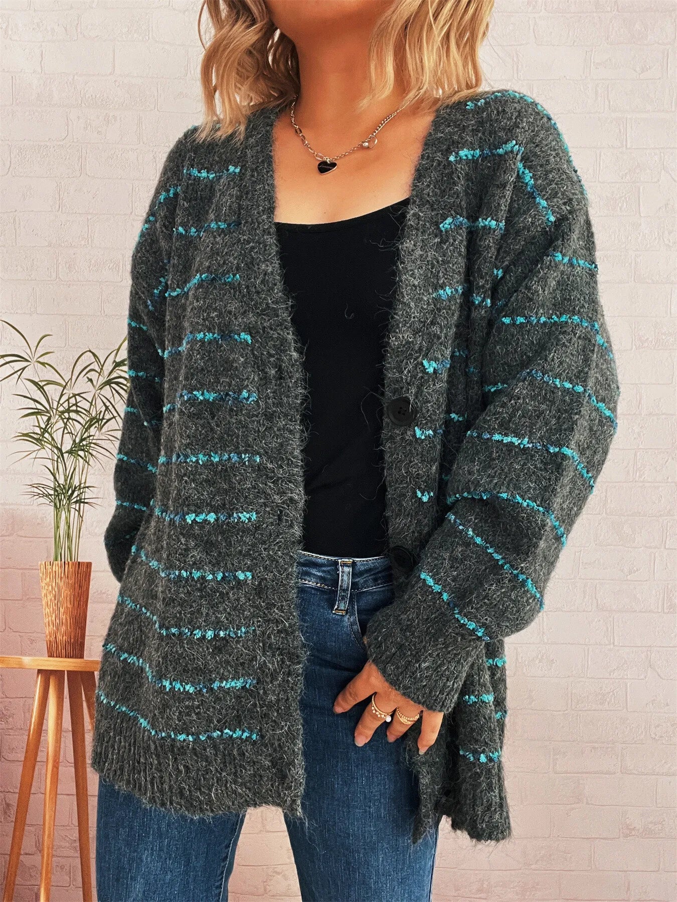 Striped Button-Up Cardigan with V-Neck Design Easy Apparels