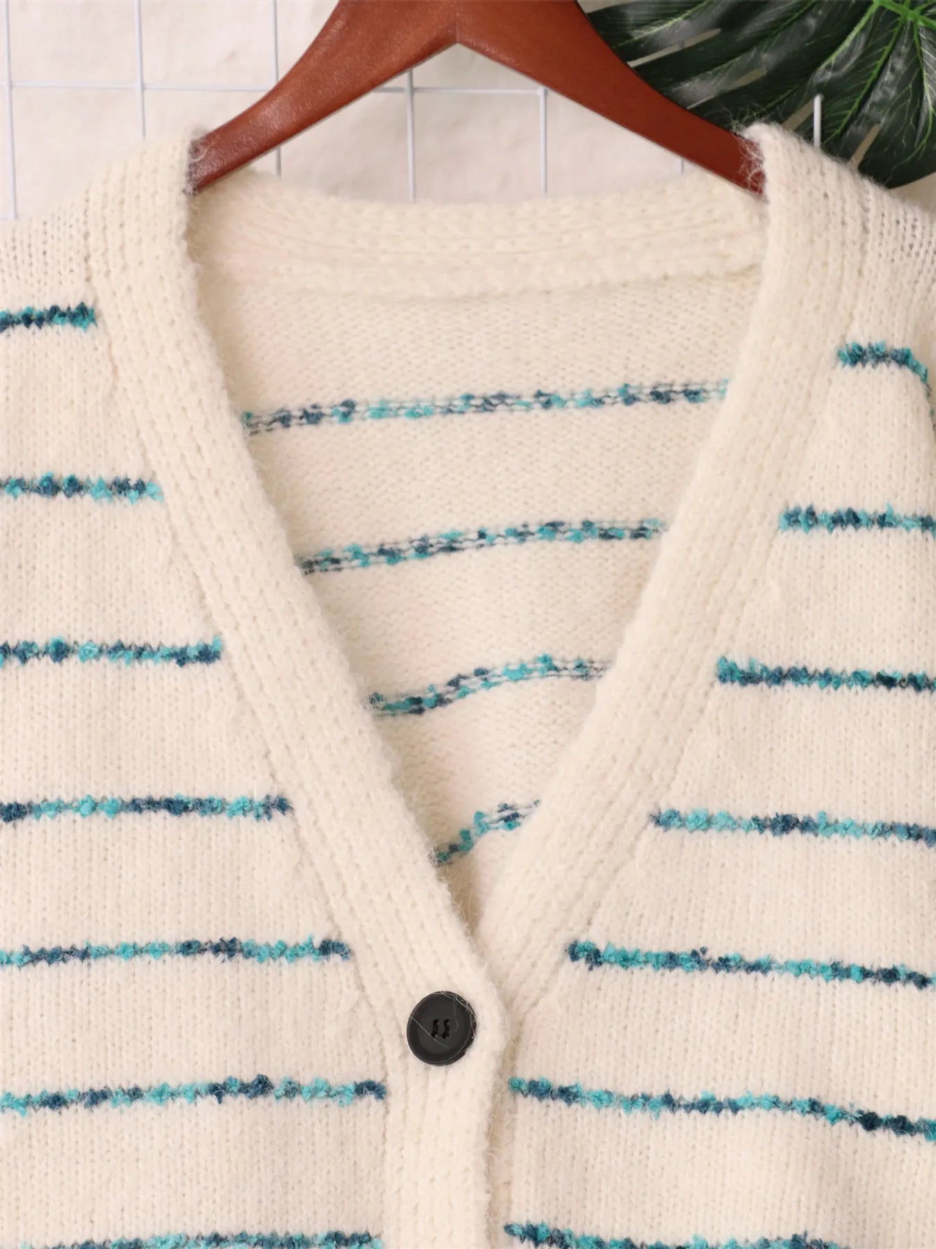 Striped Button-Up Cardigan with V-Neck Design Easy Apparels