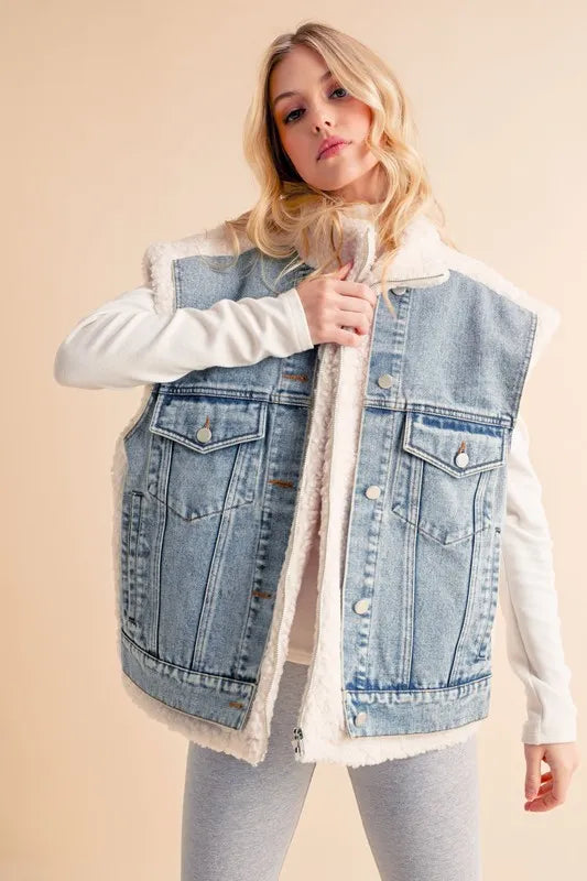 Aemi + Co Fake Two Pieces Denim Patch Sherpa Vest Coat Easy Apparels