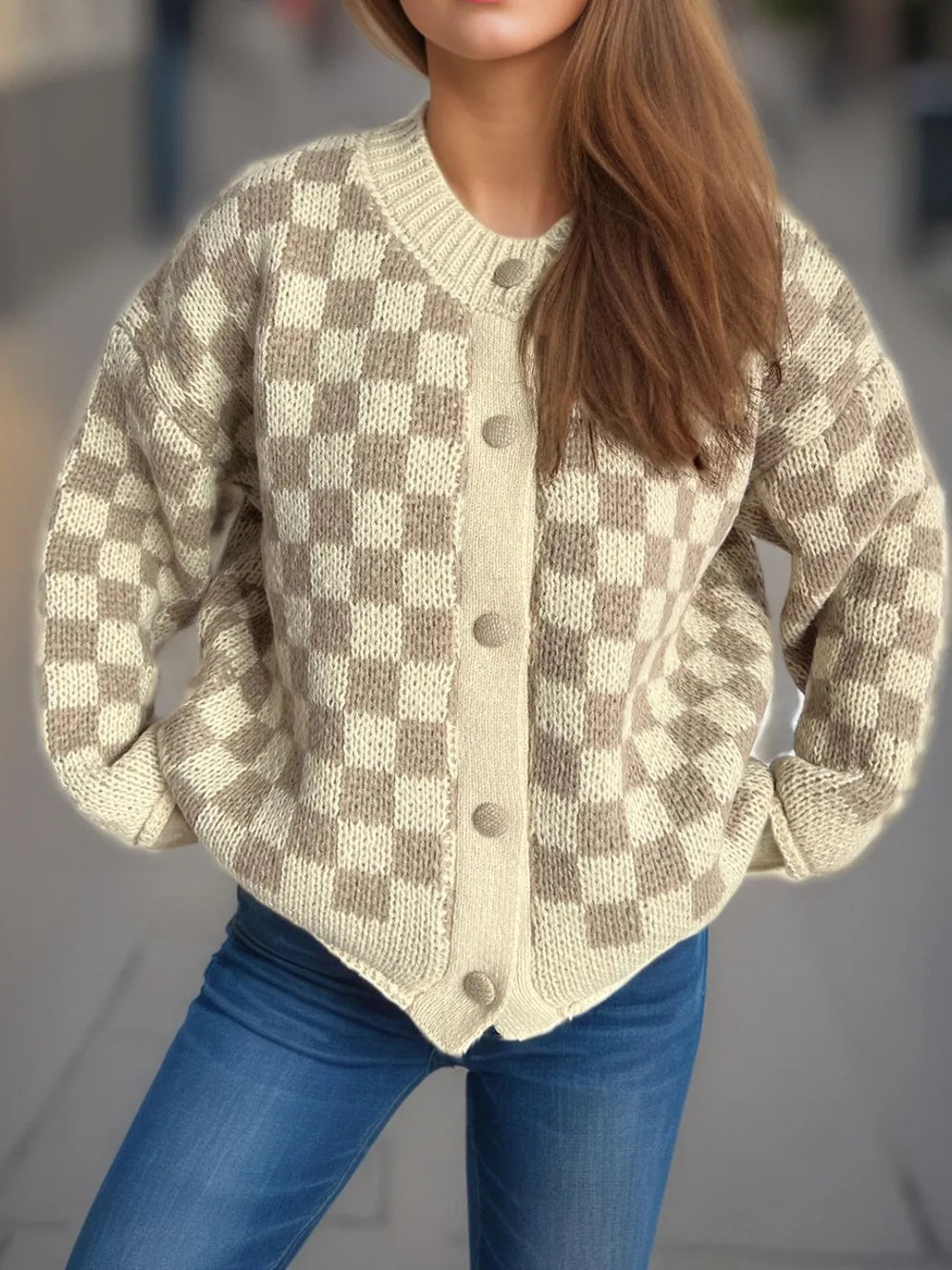Checkered Button Up Round Neck Cardigan Taupe One Size Easy Apparels