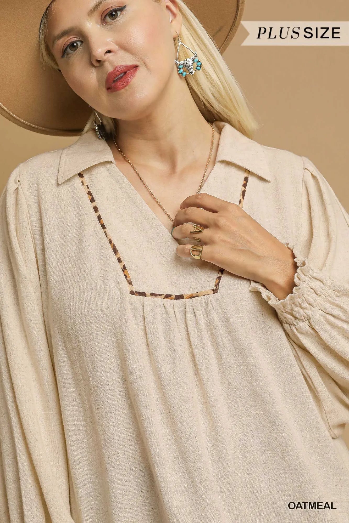 Umgee Full Size Linen Scallop Hem Blouse with Contrast Trim Plus Size Easy Apparels