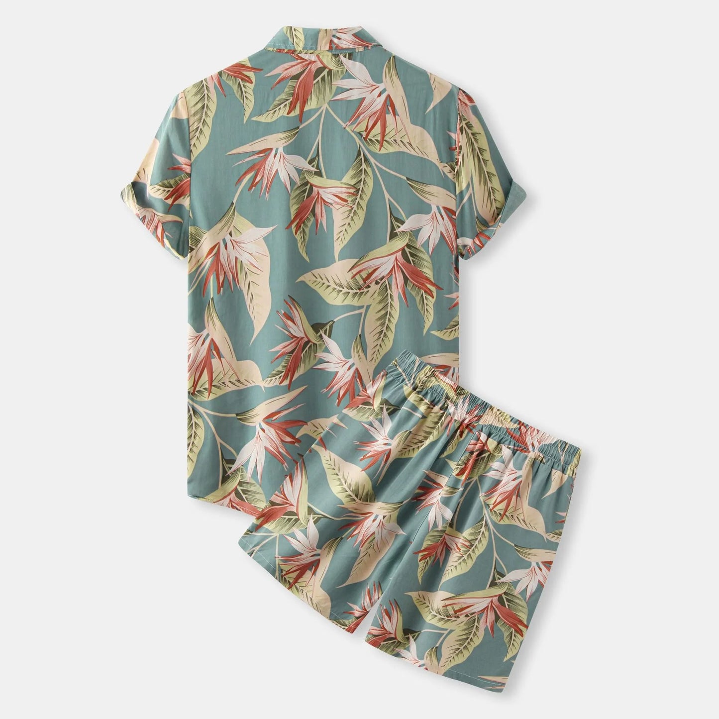 Men's Plus Size Printed Button Up Shirt and Shorts Set Easy Apparels