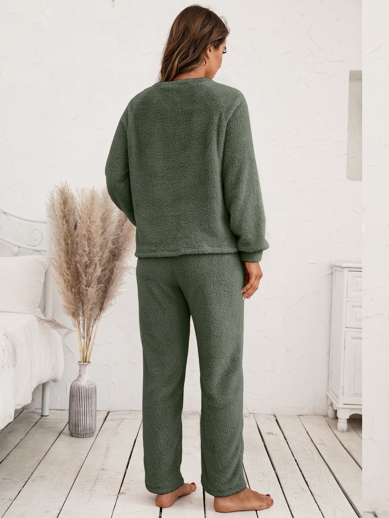 Ivy Lane Teddy Long Sleeve Top and Pants Lounge Set Easy Apparels