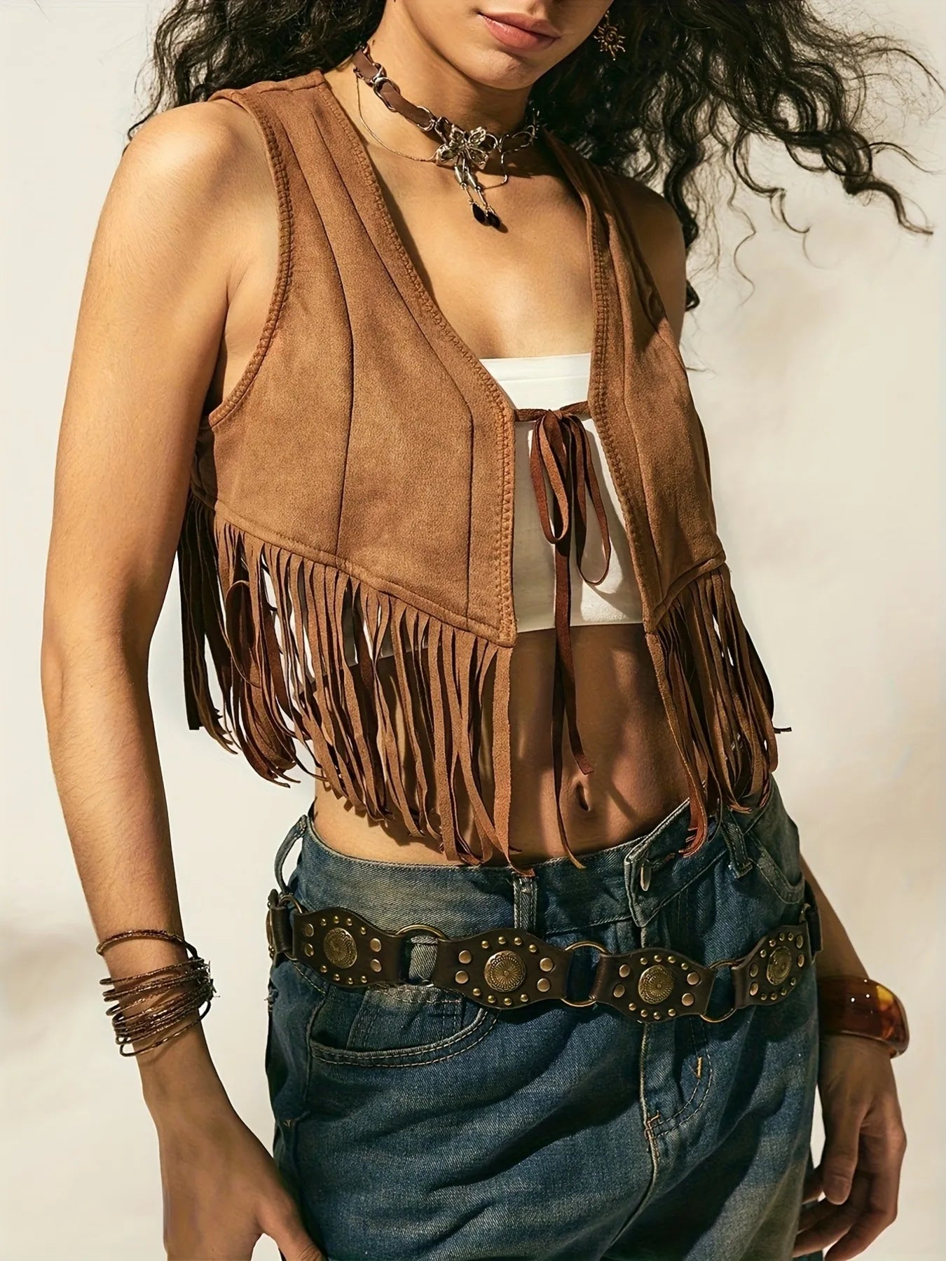 Fringe Vest Coat with Tie Front Easy Apparels