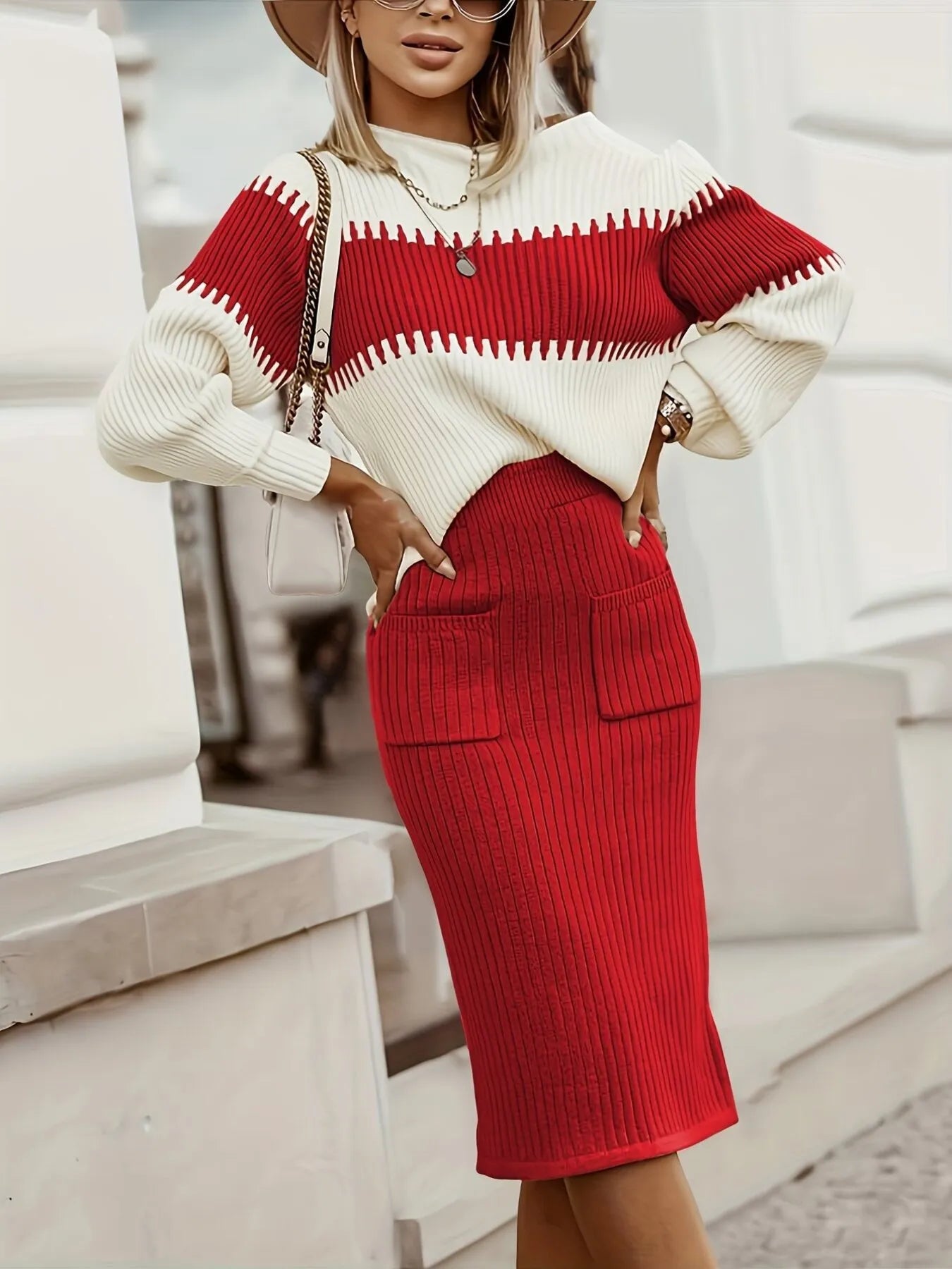Two-Tone Ribbed Knit Top and Skirt Sweater Set Easy Apparels