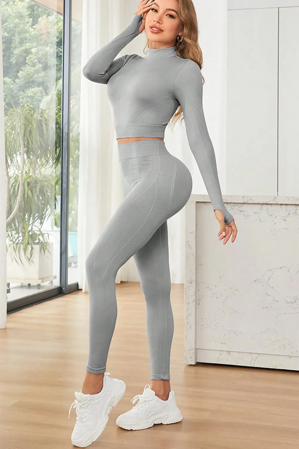 Mock Neck Long Sleeve Top and Leggings Active Set Easy Apparels