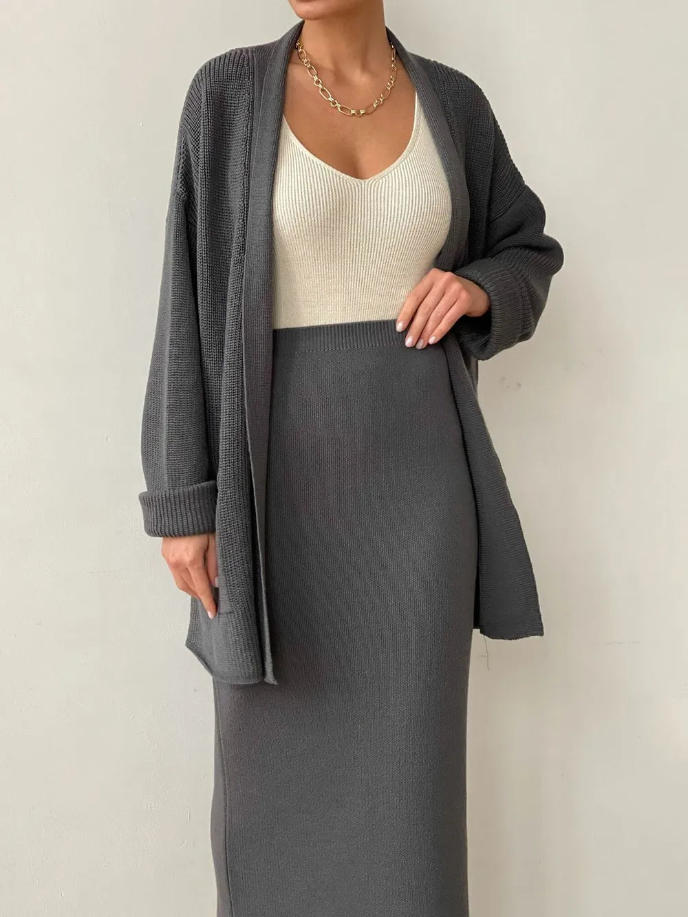 Pocketed Long Sleeve Cardigan and Skirt Sweater Set Dark Gray One Size Easy Apparels