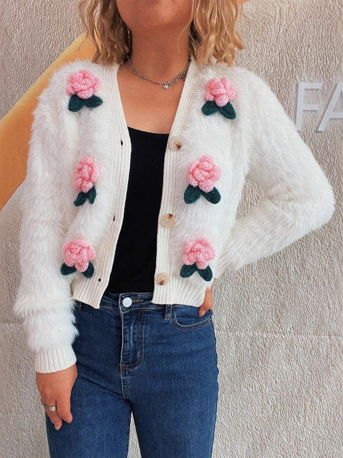 Flower Fuzzy Button-Up Cardigan Easy Apparels